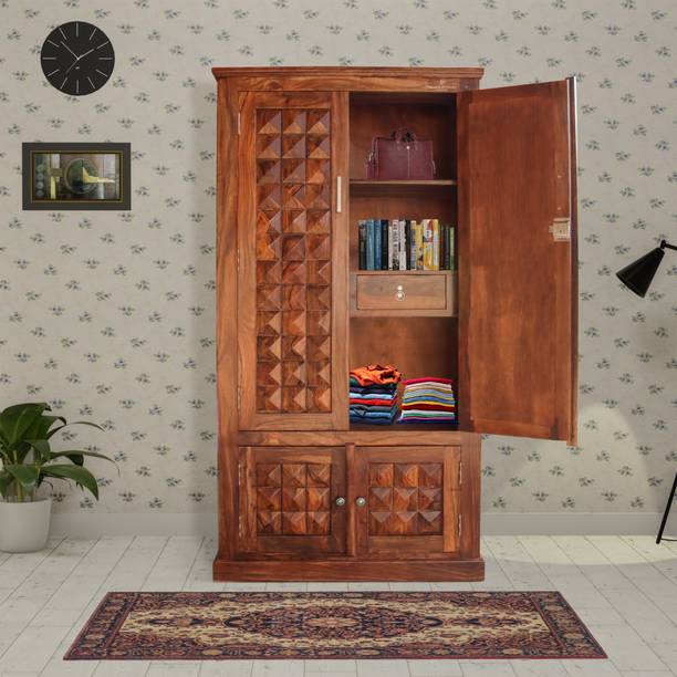 Tamannaartpalace Solid Wood Diamond Almirah with 4 Shelves & 2 Drawers (Natural Honey Oak Finish) Solid Wood Almirah
