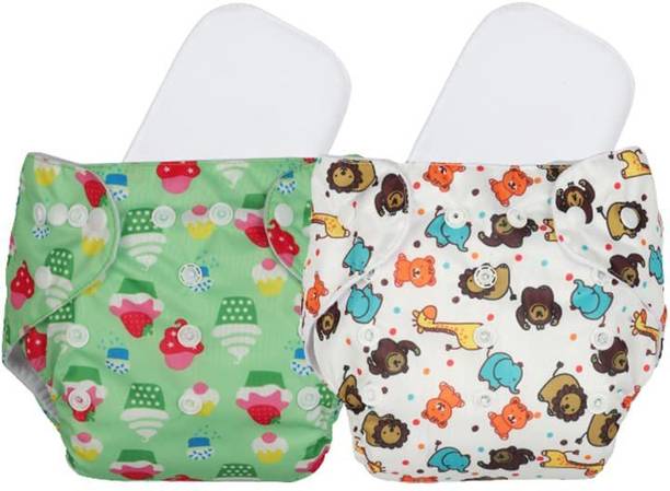 Baby Hashtag Fancy Printed Nappy Reusable, For Babies With Wet-Free Insert Pads Green, White - S - M