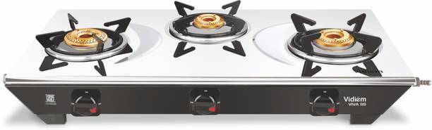 GS S3 179 A Viva 3 Burner Stainless Steel Gas Stove, Black, Manual स्टेनलेस स्टील मैनुअल गैस चूल्हा