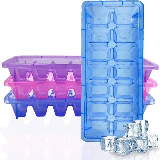 TruVeli 14 Cubes Plastic Unbreakable Virgin Plastic Ice Cube Tray - Pack of 3 Multicolor Plastic Ice Cube Tray