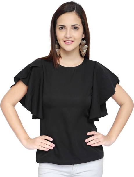 Bluebirdimpex Casual Self Design, Solid Women Black Top