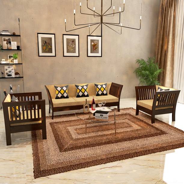 House Of Kuber Solid Sheesham Wood Royal Style 5 Seater Sofa Set For Living Room, Office, Café. Fabric 3 + 1 + 1 Sofa Set