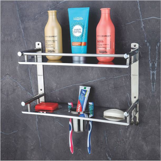 LivesUp Multipurpose Bathroom Shelf and Rack with Double Soap Dish and Tumbler Holder Stainless Steel Toothbrush Holder