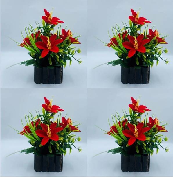 Ryme Pack Of 4 Multicolor Lily Artificial Flower  with Pot