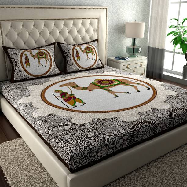 LA VERNE 144 TC Cotton Double Jaipuri Prints Flat Bedsheet