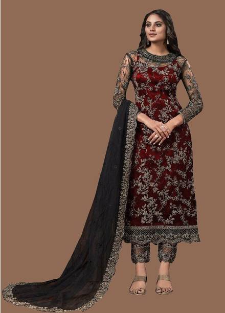 Semi Stitched Net/Lace Salwar Suit Material Embroidered