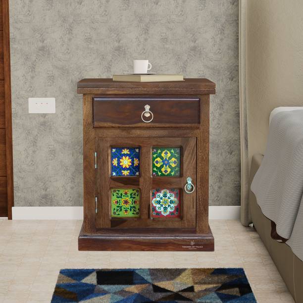 Tamannaartpalace Solid Wood Ceramica Bedside Table with Storage, Pre-Assembled (Walnut Finish) Solid Wood Bedside Table