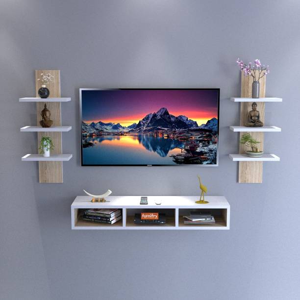 Furnifry Wooden TV Unit with 2 Wall Shelf Ideal for TV Up to 42" (White & Oak) Engineered Wood TV Entertainment Unit