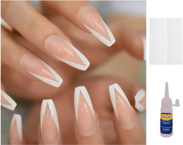 TBUY V-Shaped Coffin Nails White French False Fake nails with Nail glue stickers Natural