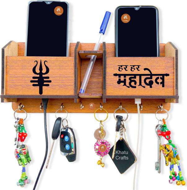 Khatu Crafts Har Har Mahadev Mobile Holder, Pen stand & Wood Key Holder