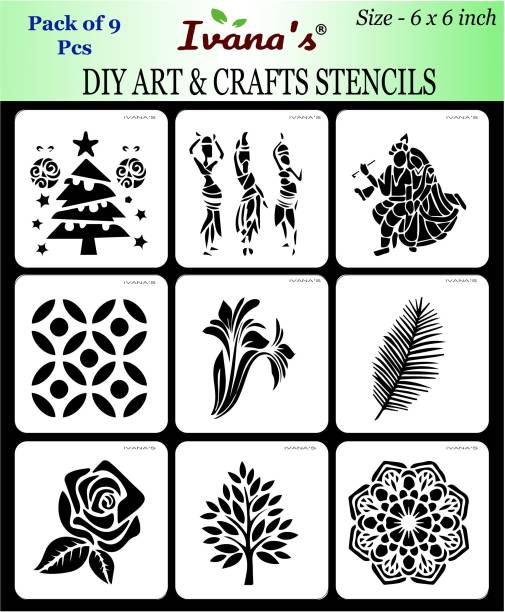 IVANA'S Multi Design for Art & Craft , Reusable DIY Decorative Stencil CIVS-9007 for Painting on Canvas, Fabric, Cloth, Paper,Glass, Wall,Size-6x6 inch,Pack of 9 Stencil
