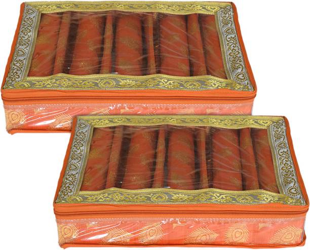 KUBER INDUSTRIES Feather Design 5 Rod Bangle Box/Case With Tranasparent Top - Pack of 2 (Orange) Make up, Jewellery Vanity Box