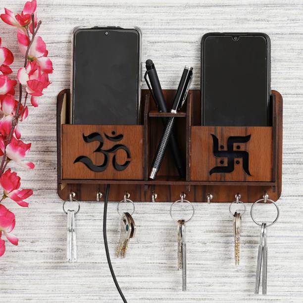 asian multistore hub Key Holder For Wall Double Mobile Compartment With Pen Stand Wooden(OM SWASTIK) Wood Key Holder