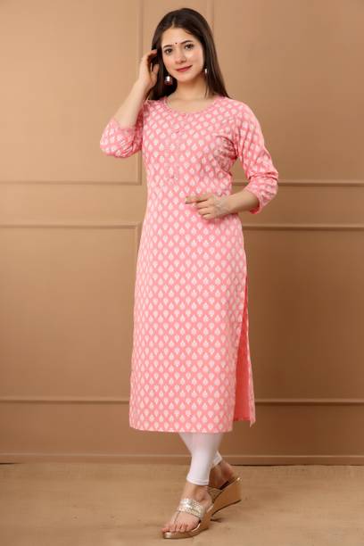 aerotick Women Printed Viscose Rayon Anarkali Kurta (Pink, White)