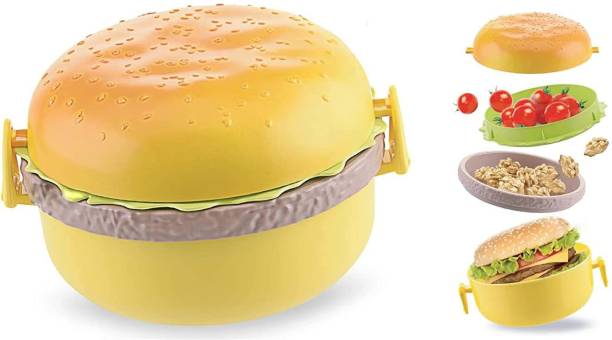 Wishkey Cute & Attractive Plastic Burger Shaped Double Layered School Lunch Box for Kids 3 Containers Lunch Box