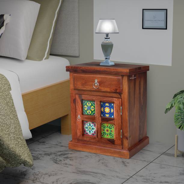 PLATINUM WOOD DECOR Solid Wood Colorful Ceramic Tiled Bedside Table with Storage (Natural Honey Oak) Solid Wood Side Table