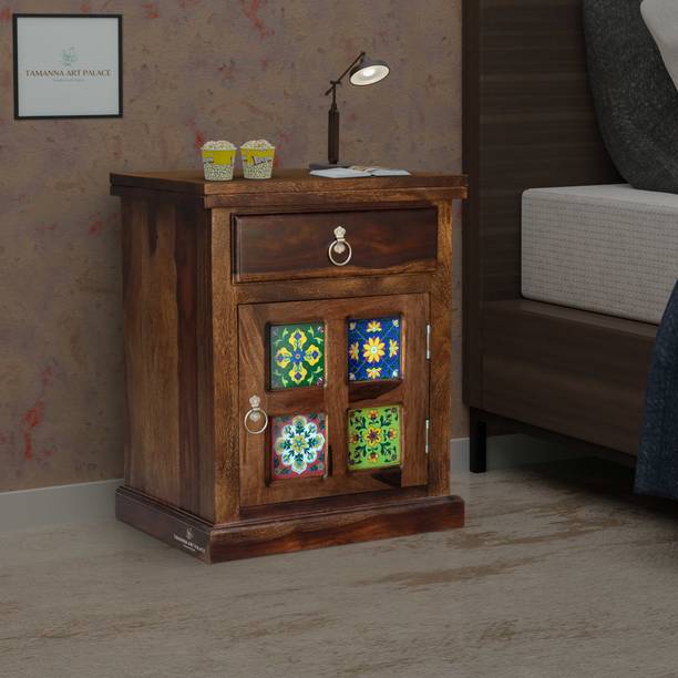 PLATINUM WOOD DECOR Solid Wood Colorful Ceramic Tiled Bedside Table with Storage in (Black Walnut) Solid Wood Side Table