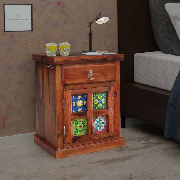 PLATINUM WOOD DECOR Solid Wood Colorful Ceramic Tiled Bedside Table with Storage (Honey Oak Finish) Solid Wood Side Table