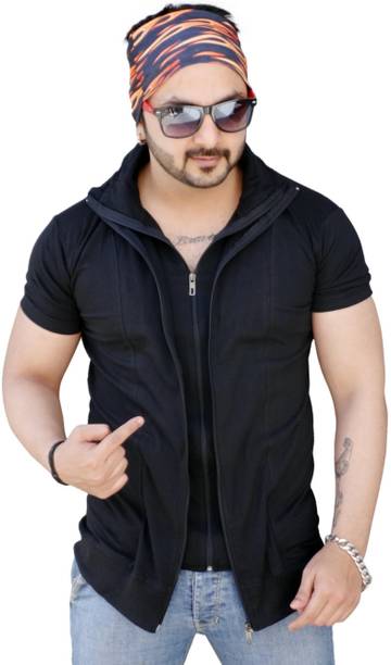 Men Solid Zip Neck Cotton Blend Black T-Shirt