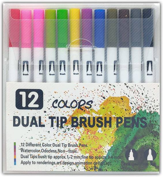 MGS Dual Tip brush Pens, Dual Art Marker Pen , For Drawing, sketching, (12 color)