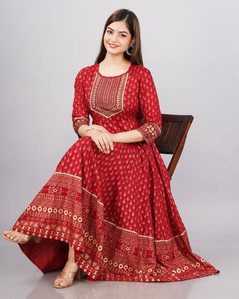 PRISTYLE Women Floral Print Viscose Rayon Flared Kurta