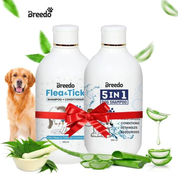 Breedo Dog (Combo of 2) Dog Flea & Tick Shampoo + 5 IN 1 Shampoo 500 ml Allergy Relief, Conditioning, Anti-fungal, Anti-microbial, Anti-itching, Anti-dandruff Natural Dog Shampoo
