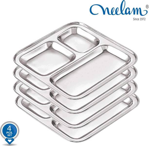 NEELAM Stainless Steel Pav Bhaji/Compartment Plates, Set of 4 Pcs Sectioned Plate