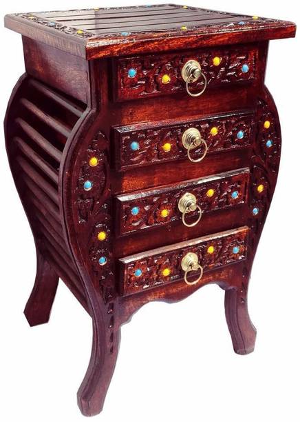 Smarts collection Bedside Table Floral Carved End Table for Bedroom and Living Room with 4 Drawers Solid Wood Corner Table