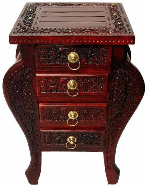 Smarts collection Floral Carved Handmade Bedside Table with 4 Drawers Home Decor Solid Wood Corner Table