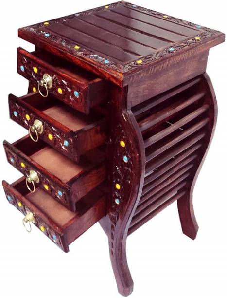 Smarts collection Bedside Table Floral Carved End Table for Bedroom and Living Room with 4 Drawers Solid Wood Corner Table