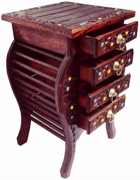 Smarts collection Bedside Table Floral Carved End Table for Bedroom and Living Room with 4 Drawers Solid Wood Corner Table