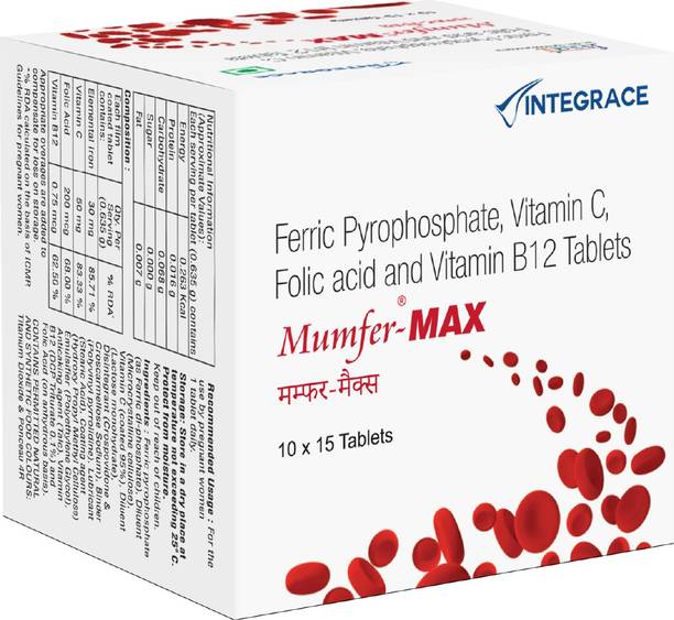 Mumfer Max |150 Tablets Iron, Folic Acid Supplement,Vitamin C & Vitamin-B12- Pack of 15
