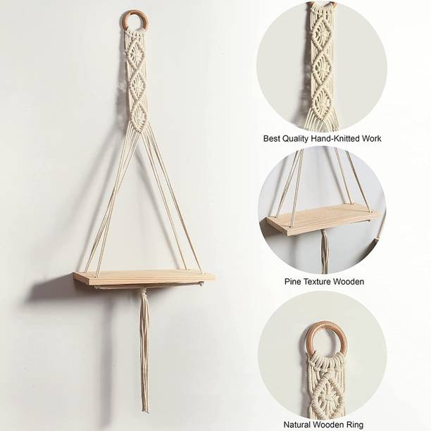रकनों Macrame Wall Shelf Pure Cotton Cord Pine Wooden Hanging Floating Shelves