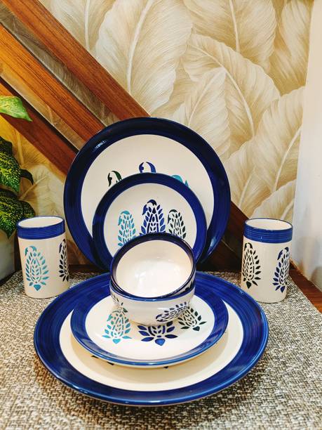 caffeine Ceramic caffeine Ceramic Handmade Blue boota Combo Dinner Set (Set of 8 pcs) Dinner Set