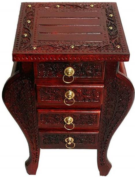 Smarts collection Floral Carved Handmade Bedside Table with 4 Drawers Home Decor Solid Wood Corner Table