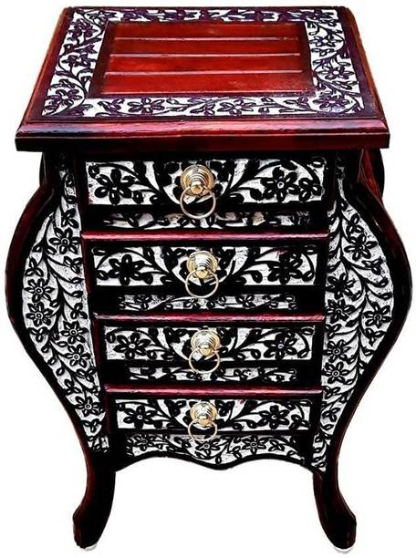 Smarts collection Side Table with 4 Drawers Enhanced Floral Carved, Standard Solid Wood Corner Table