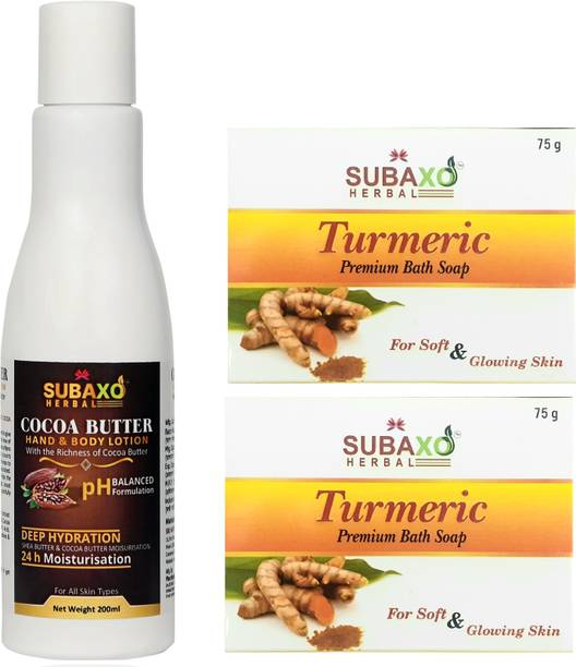 Subaxo Herbal Cocoa Butter Body Lotion 200 ml And Herbal Turmeric Soap 2 Pc Each 75 g
