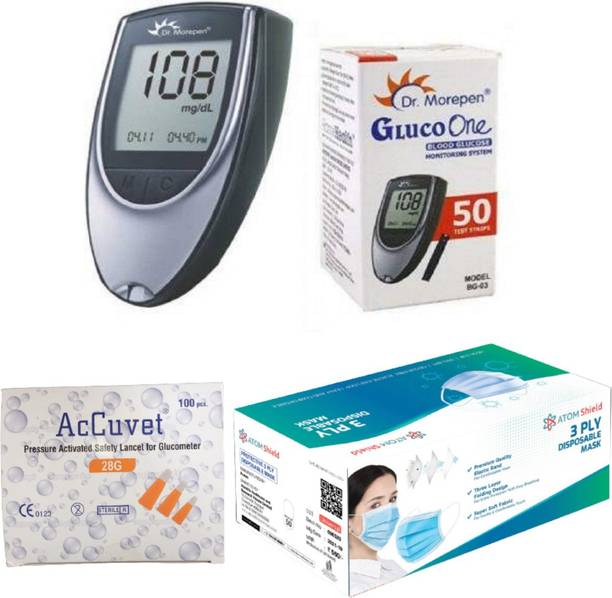Dr. Morepen Glucometer with 200Strips, 200Accuvet SafetyLancets, 50 Atomshield 3ply mask| Glucometer