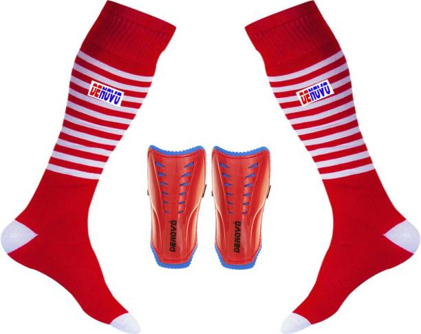 DENOVO Justry Football Kit (One Pair Lycra Striped Knee Length Football Socks + One Pair Shin Guard) Football Kit