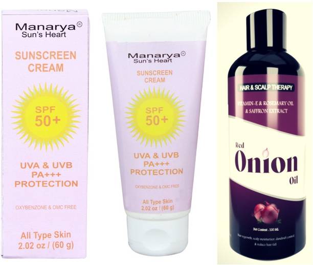 Manarya Sun's Heart Combo of Spf 50 Sunscreen With PA+++ (Carrot Seed) & Onion Oil With Saffron Extracts