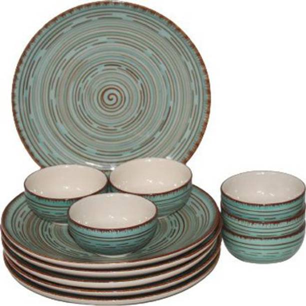 VolCraft Pack of 12 Ceramic Hand Made Pasco Design 6 Dinner Plate, 6 Bowl Microwave & Dishwasher Safe Dinner Set