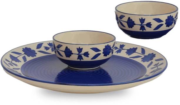 VolCraft Pack of 3 Ceramic Blue Bell Design 1 Dinner Plate, 2 Katori Bowl Microwave & Dishwasher Safe Dinner Set