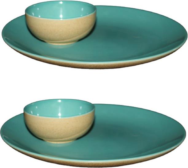 VolCraft Pack of 4 Ceramic Sea Green Antique Matte 2 Dinner Plate, 2 Bowl Microwave & Dishwasher Safe Dinner Set