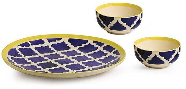 VolCraft Pack of 3 Ceramic Hand Painted Blue Umrao 1 Dinner Plate, 2 Bowls Microwave & Dishwasher Safe Dinner Set