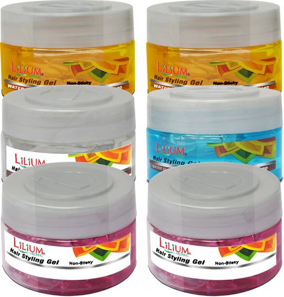LILIUM Water Gloss Wet Look Hair Styling Gel, Blue, Yellow, Pink, White, 50g, Pack of 6 Hair Gel