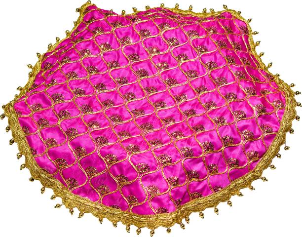 Dulhan Golden Moti Border Satin Silk Worked Thali-Cover/ Thaal-Posh/Pooja Thali Cloth Silk