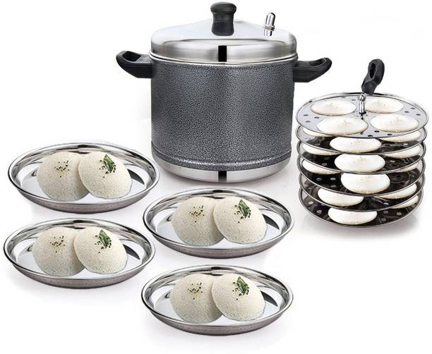 MAHAVIR Stainless Steel Idli Cooker,6 Plates, 24 Idlies With 4 Serving Halwa PlateBlack Induction & Standard Idli Maker
