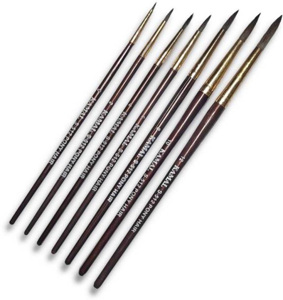 KAMAL Round Natural Pony Hair Non - Synthetic Set of 7 Paint Brushes for Artists or Students Suitable for Oil, Nail, Artist, Acrylic Painting. Handle - Brown Handle