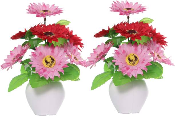 CHAUDHARY FLOWER Multi Colour Sun Flower Bunch with Pot for Home and Office Décor Pink, Red Sunflower Artificial Flower  with Pot