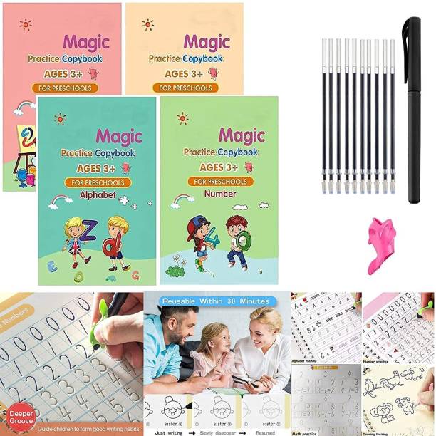 4 PCS Magic Practice Copybook For Kids, English Reusable Magical Copybook Kids, Tracing Book, Magic Calligraphy Copybook Set Practical Reusable Writing Tool Simple Hand Lettering